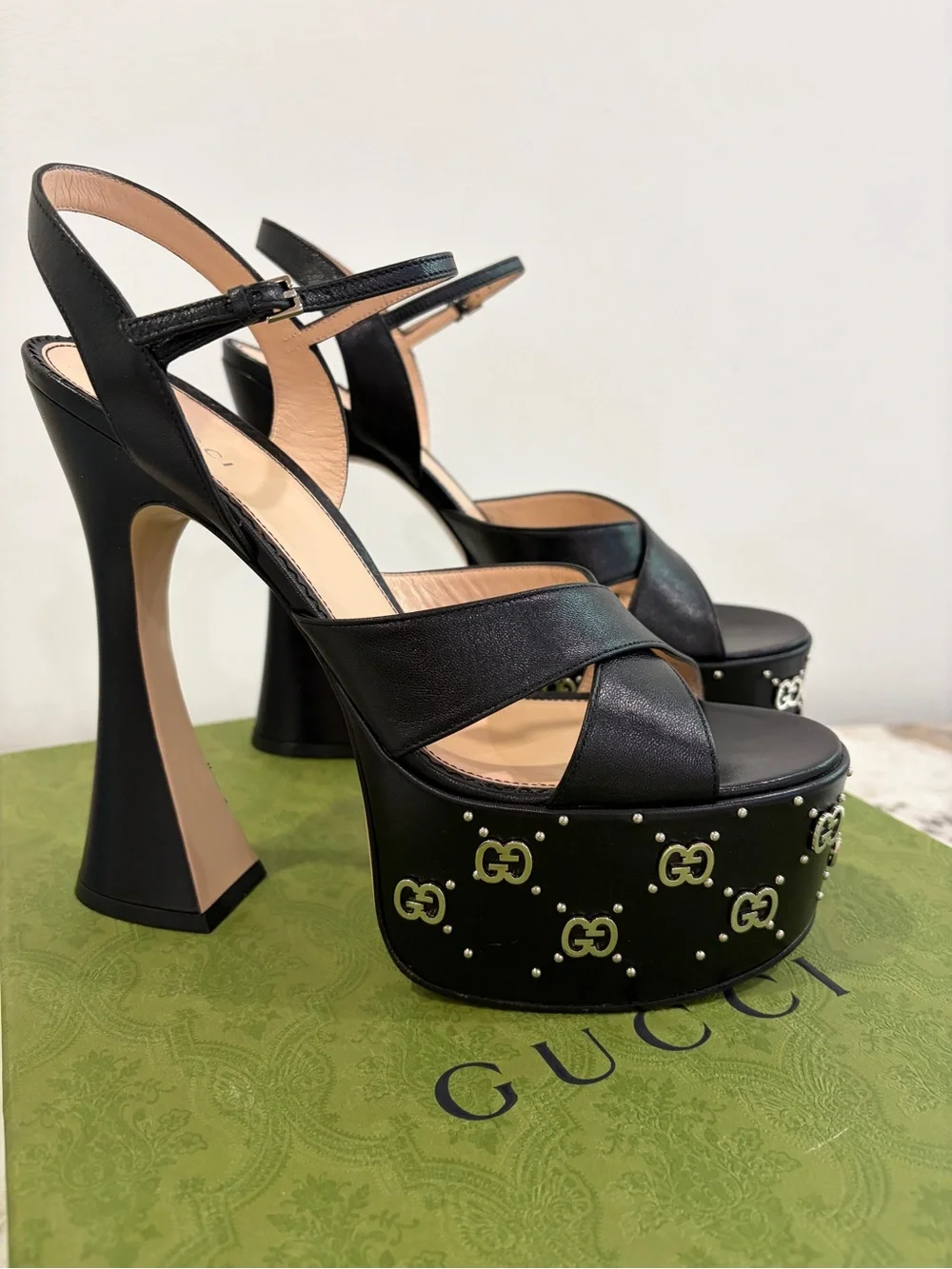 Gucci Janaya Leather GG Stud Platform Sandals  Size 41